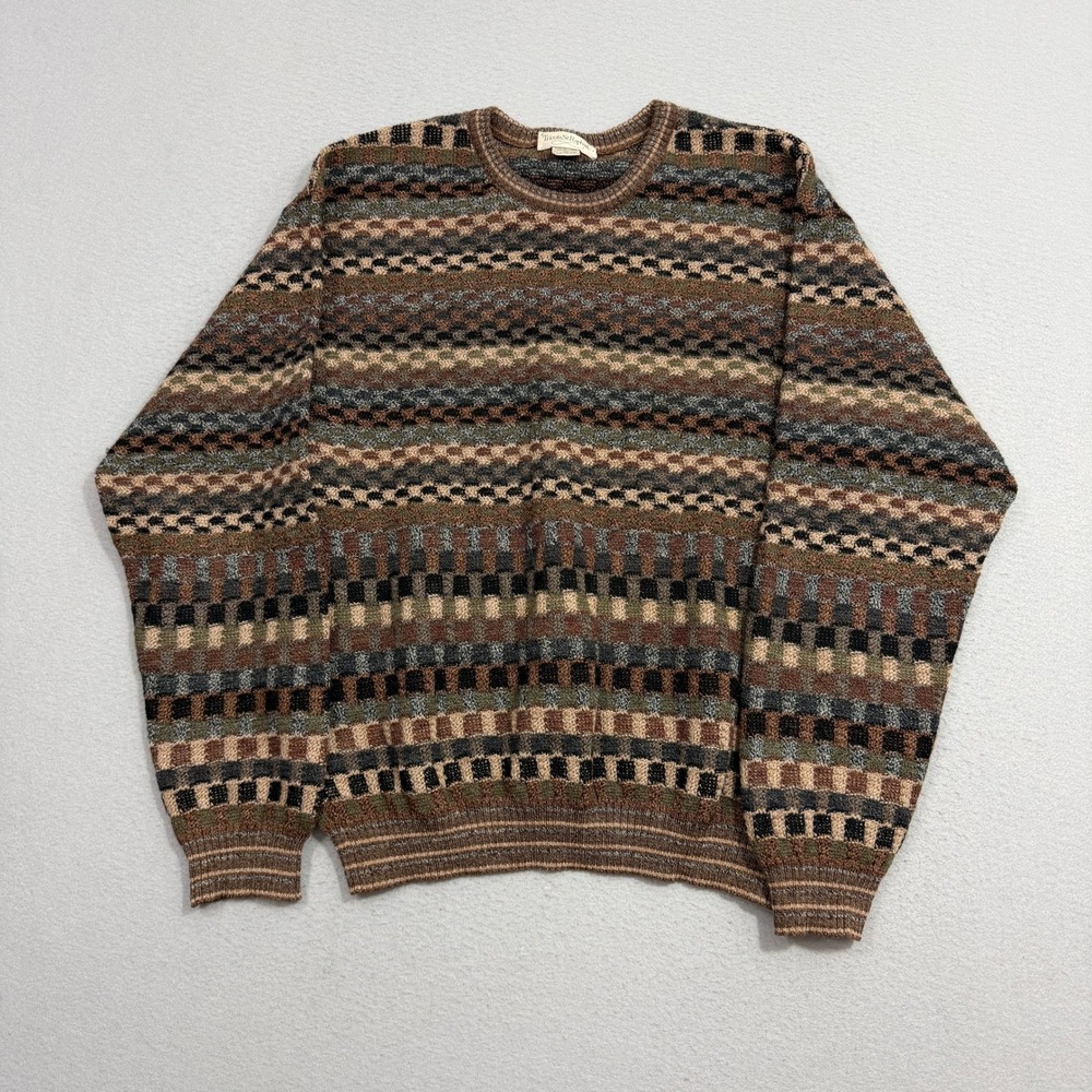 Vintage Tricots St Raphael Sweater Medium Brown Geometric Merino Wool Crewneck